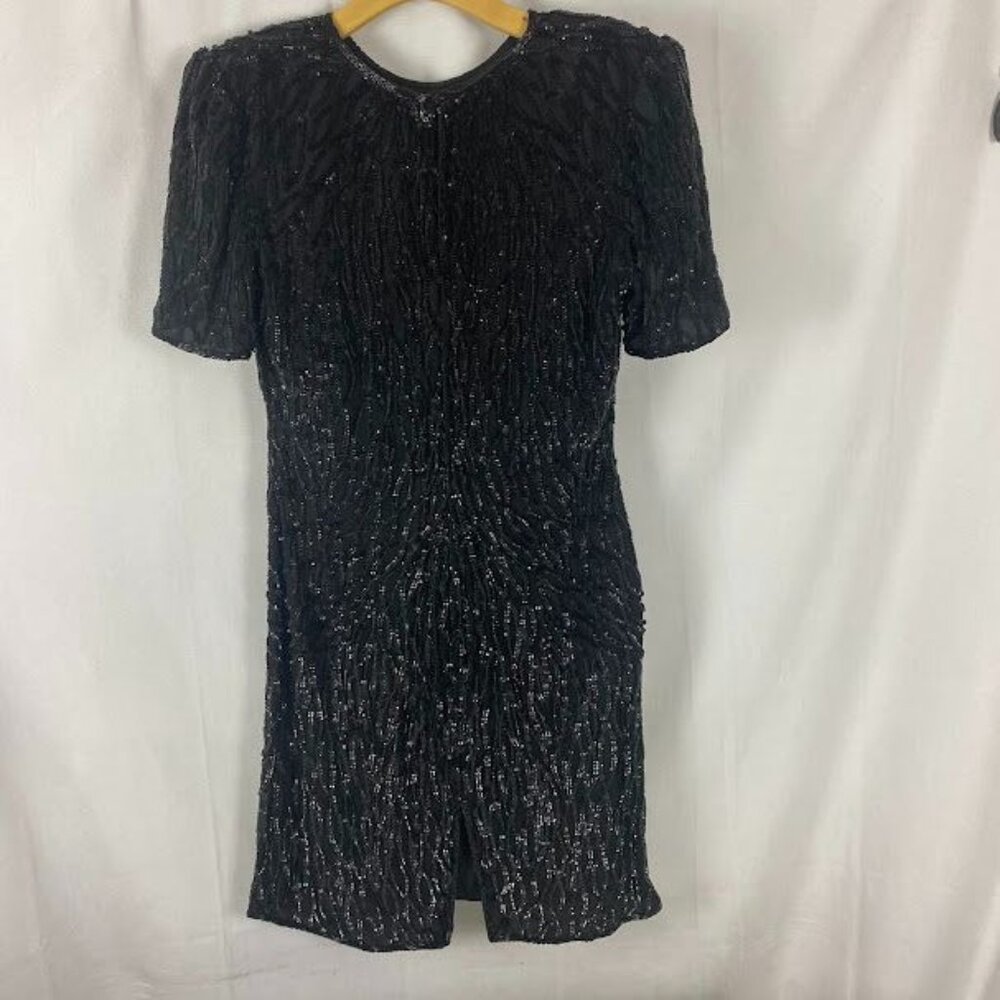 Lawrence Kazar Vintage 80's Black Silk Sequin Dress Women's Medium.